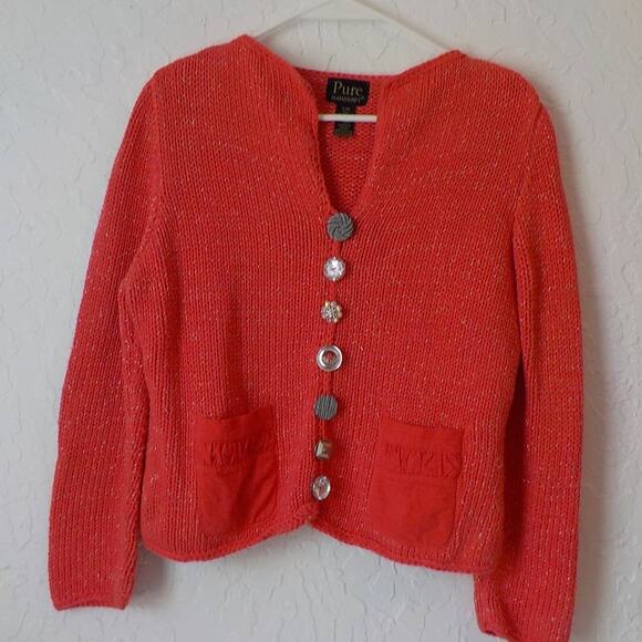 Pure Handknit Orange Cardigan Size S/M Metallic Knit Big Button Coastal Boho - Picture 5 of 13
